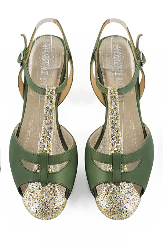 Gold and forest green women's open back T-strap shoes. Round toe. Flat block heels. Top view - Florence KOOIJMAN